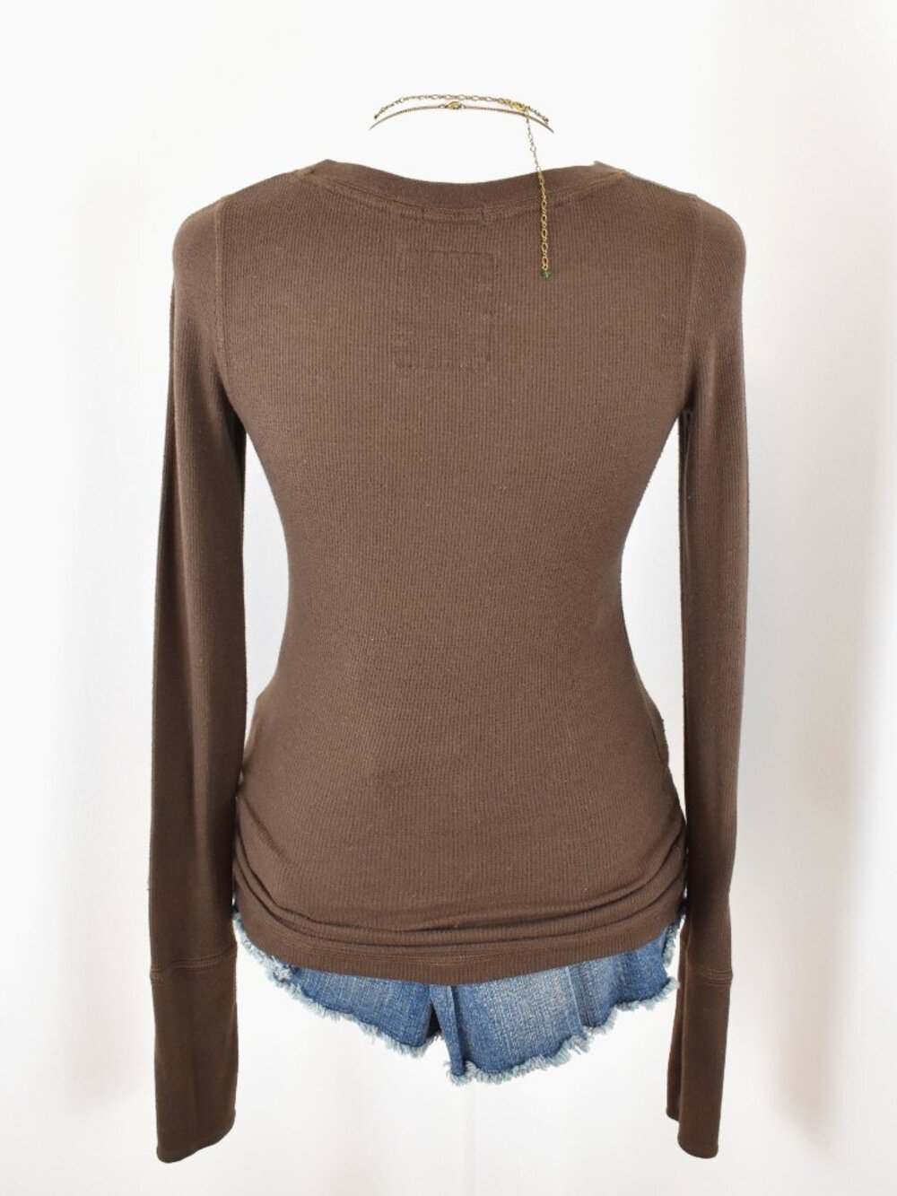 Hollister Vintage Late 2000s Y2K Dark Brown Waffle Thermal Knit Long Sleeve Top - Picture 3 of 6